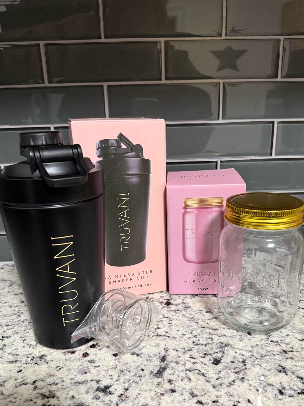 Truvani Black Stainless Steel Shaker Cup + Glass Jar Set - Black & Gold